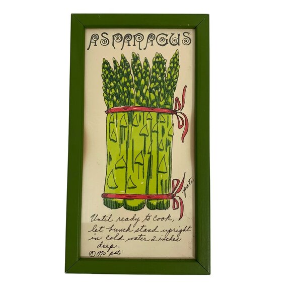 Vintage SOOVIA JANIS Inc. Art Print PATI 1970 ASPARAGUS Wood Framed Under Glass - Picture 1 of 5